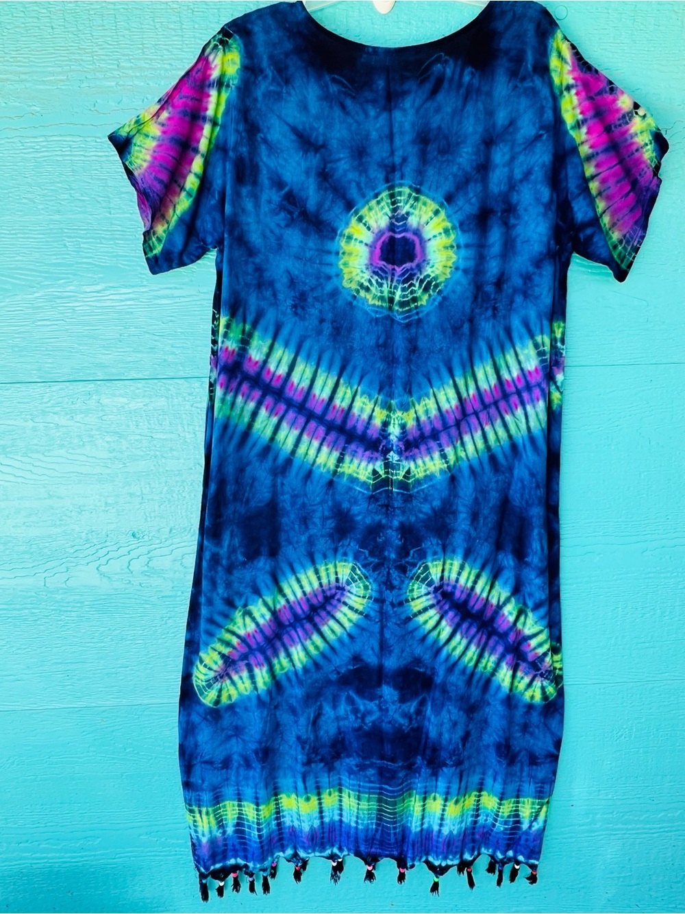 Vintage 1970's Tie-Dye Blue Batik Maxi Dress Boho Hippie • Beaded Fringe LARGE - Picture 3 of 7